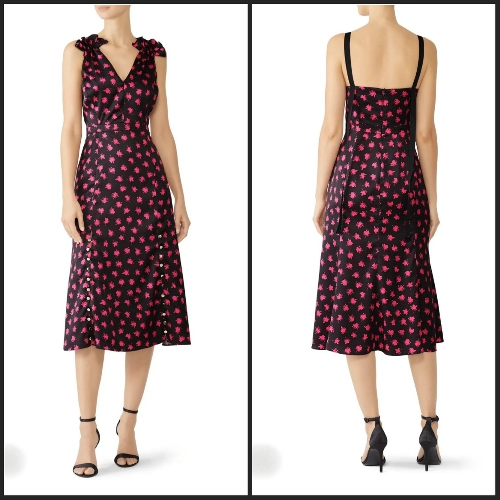 Prabal Gurung Collective Satin Black & Pink Floral Ruffle Sleeve Midi Dress